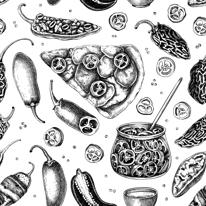 Mexican cuisine background. Ripe jalapeno chili pepper sketches. Hot spice seamless pattern. Healthy food hand drawn vector illustration. Jalapeno slices, seeds, chipotle for packaging, menu, fabric. 